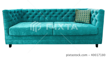 Turquoise velor sofa with pillow. Soft emerald couch. Isolated background. Turquoise velor sofa with pillow. Soft emerald couch. Isolated background. 40017180