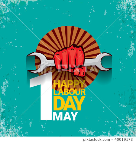 1 may Happy labour day vector label with strong red fist on torquise background . labor day 1 may Happy labour day vector label with strong red fist on torquise background . labor day 40019178