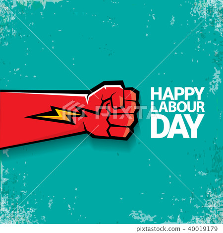 1 may Happy labour day vector label with strong red fist on torquise background . labor day 40019179