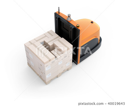 Image of a battery-operated self-driving forklift car transporting cargo pallets on a white background 40019643
