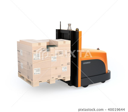 Image of a battery-operated self-driving forklift car transporting cargo pallets on a white background 40019644