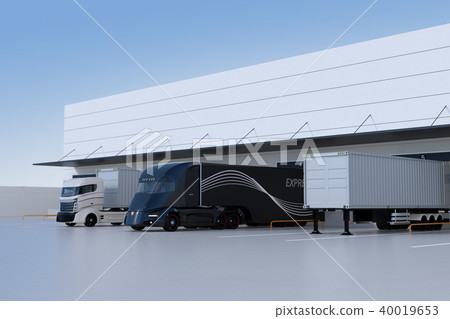 Image of electric truck in front of distribution center truck terminal 40019653