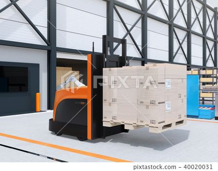 Image of battery operated automated forklift truck transporting pallets to distribution center 40020031