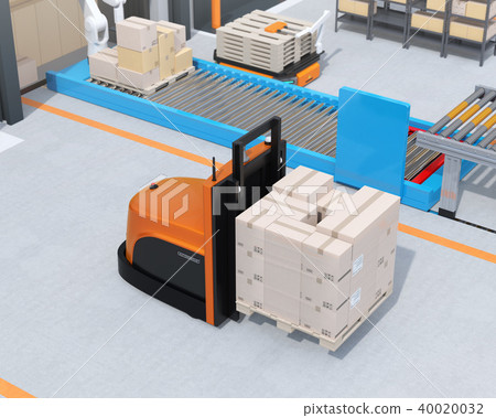 Image of battery operated automated forklift truck transporting pallets to distribution center 40020032