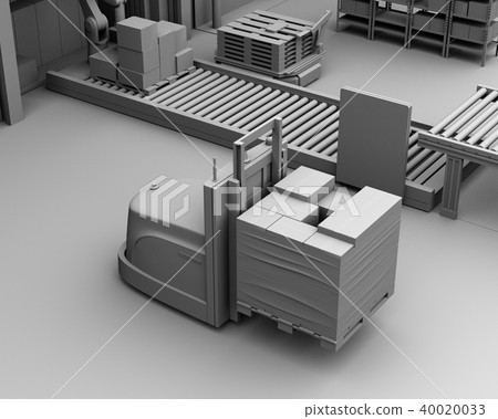 電動自動叉車運輸托盤到配送中心的粘土遮陽圖像 40020033