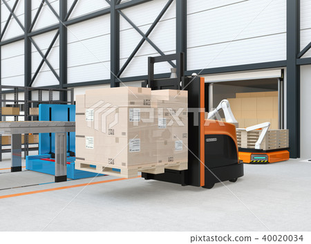 Image of battery operated automated forklift truck transporting pallets to distribution center Image of battery operated automated forklift truck transporting pallets to distribution center 40020034