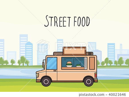 Beige street-food truck on cityscape background with trees and skyscrapers. Car selling burgers and 40021646