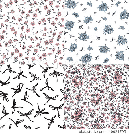 set of patterns with flowers and dragonflies set of patterns with flowers and dragonflies 40021795