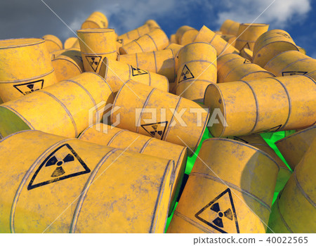 Barrels with radioactive waste. 3D render. Barrels with radioactive waste. 3D render. 40022565