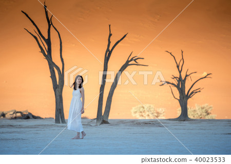 Asian girl in white dress in Deadvlei, Namibia 40023533