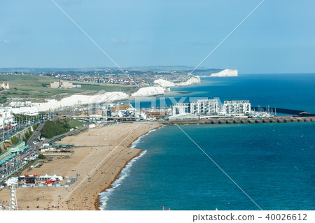 Aerial view of sunny summer Brighton, coastline, Seven Sisters on the horizon 40026612