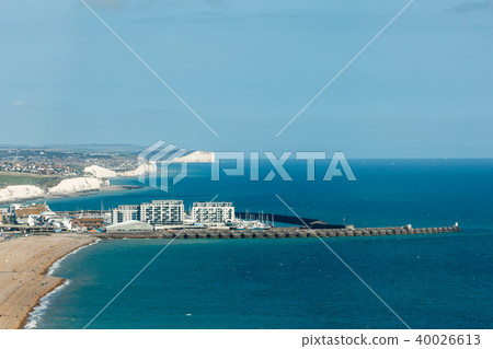 Aerial view of sunny summer Brighton, coastline, Seven Sisters on the horizon Aerial view of sunny summer Brighton, coastline, Seven Sisters on the horizon 40026613