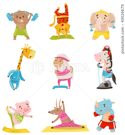 Flat vector set of cute humanized animals engaged in sports. Physical activity and healthy lifestyle Flat vector set of cute humanized animals engaged in sports. Physical activity and healthy lifestyle 40026679