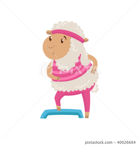 Funny humanized sheep doing fitness exercise using step platform. Farm animal in pink sportswear and Funny humanized sheep doing fitness exercise using step platform. Farm animal in pink sportswear and 40026684