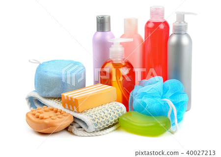 Shampoo, soap and bath sponge isolated on white 40027213