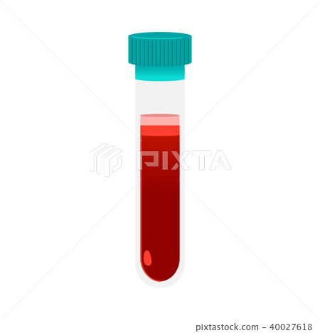 Red blood in glass test tube with cap icon isolated on white background, cartoon vacutainer. 40027618