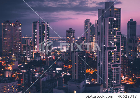 modern city aerial at night - skyscraper skyline   40028388