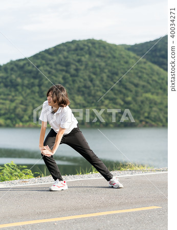 Woman Short Hair Doing Exercising Outdoor Stock Photo 40034271