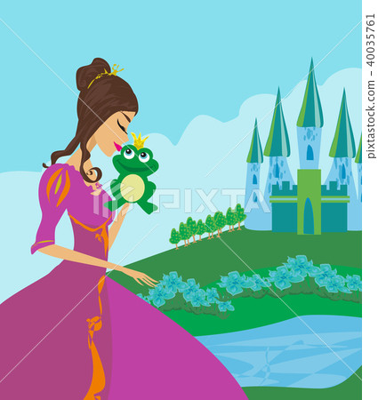 Beautiful young princess kissing a big frog Beautiful young princess kissing a big frog 40035761
