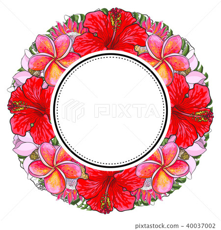 Tropical flowers and palm leaves in floral composition in round form with sticker on top. 40037002