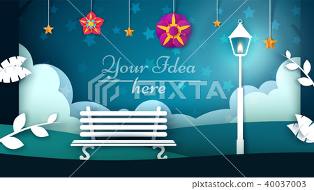 Bench, street light illustration. Cartoon paper landscape. 40037003