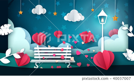 Bench, street light illustration. Cartoon paper landscape. Bench, street light illustration. Cartoon paper landscape. 40037007