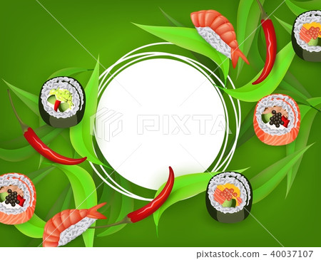 Sushi banner with rolls, ebi nigiri and chili pepper isolated on green background. 40037107