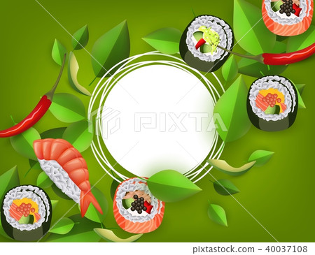 Sushi banner with rolls, shrimp nigiri, avocado and chili pepper isolated on green background. 40037108