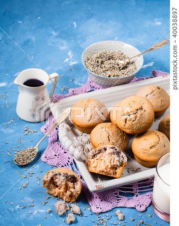 Lavender muffins on tray for breakfast 40038897