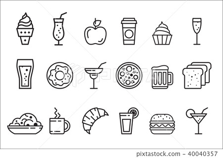 Vector set of linear food and drink icons. Tasty meal, cocktails in glasses and sweet desserts 40040357