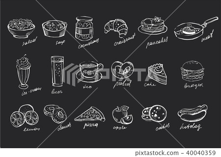 Vector set of hand drawn food and drinks on black chalkboard. Salad, soup, canned cucumbers, sweet Vector set of hand drawn food and drinks on black chalkboard. Salad, soup, canned cucumbers, sweet 40040359