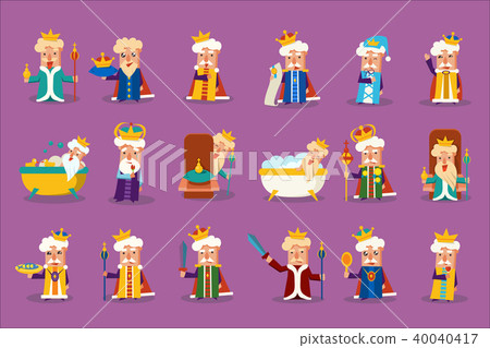Funny king character posing in different situations set, old imperior showing various emotions 40040417