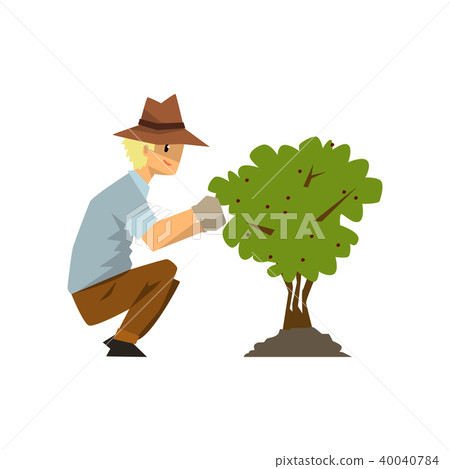 Male farmer picking berries from bush, gardener at work vector Illustration on a white background Male farmer picking berries from bush, gardener at work vector Illustration on a white background 40040784