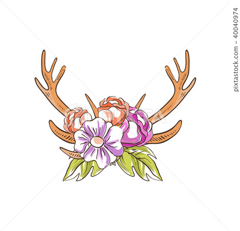 Deer horns with flowers, hand drawn floral composition with antlers vector Illustration on a white Deer horns with flowers, hand drawn floral composition with antlers vector Illustration on a white 40040974