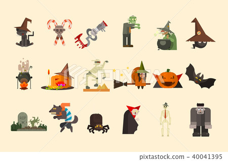 Halloween elements and funny characters. Zombie, witch on broom, cauldron with potion, pumpkin with 40041395