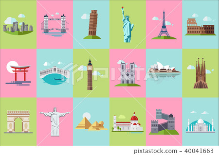Famous architectural landmarks icons set, popular travel historical landmarks and buildings of Famous architectural landmarks icons set, popular travel historical landmarks and buildings of 40041663