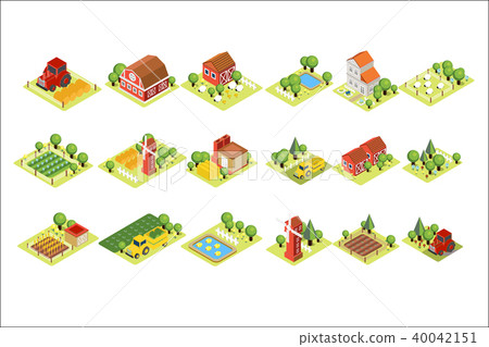 Isometric farm set. House, fields with harvest, grazing sheep, windmills, agricultural machines and 40042151