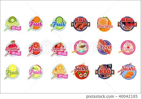 Flat vector set of stickers for fruit and vegetable smoothies, BBQ sauce and ice-cream. Original 40042185