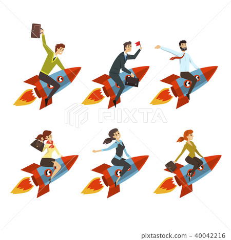 Business men and women flying on rockets. Successful people in formal clothes. Career advancement. Y Business men and women flying on rockets. Successful people in formal clothes. Career advancement. Y 40042216