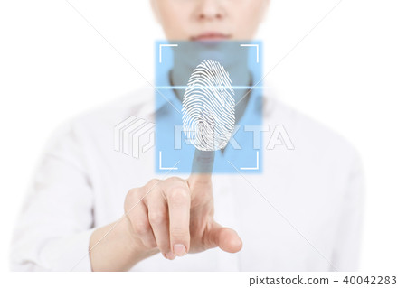Woman pressing on virtual button with dactyloscopy scanner. Woman pressing on virtual button with dactyloscopy scanner. 40042283