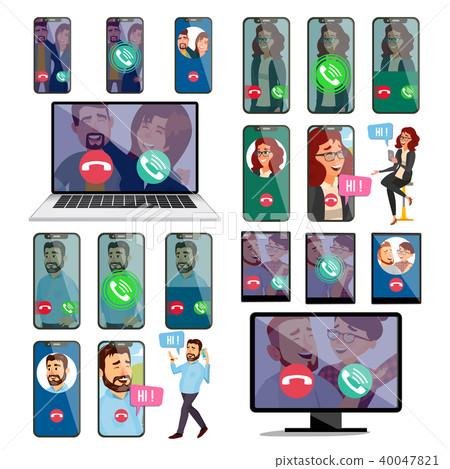 Online Call Vector. VoIP Technology, Voice Over IP, IP Telephony. Smartphone, Laptop, Tablet 40047821