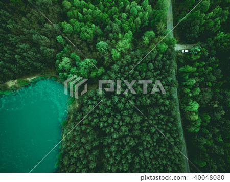Aerial view on forest and car parked on road 40048080