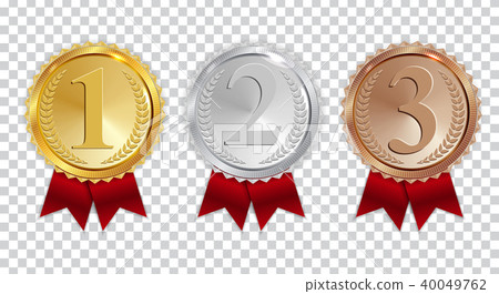 Champion Gold, Silver and Bronze Medal with Red Ribbon Icon Sign First, Secondand Third Place 40049762