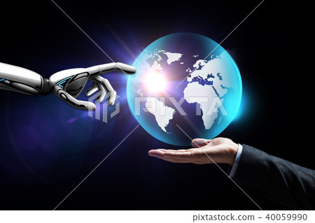 human and robot hand with virtual earth hologram 40059990