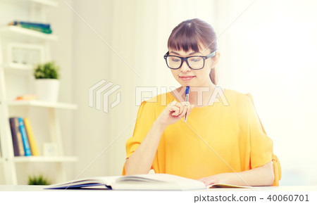 happy asian young woman student learning at home 40060701