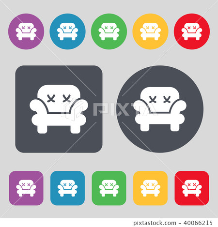 Armchair icon sign. A set of 12 colored buttons. F Armchair icon sign. A set of 12 colored buttons. F 40066215