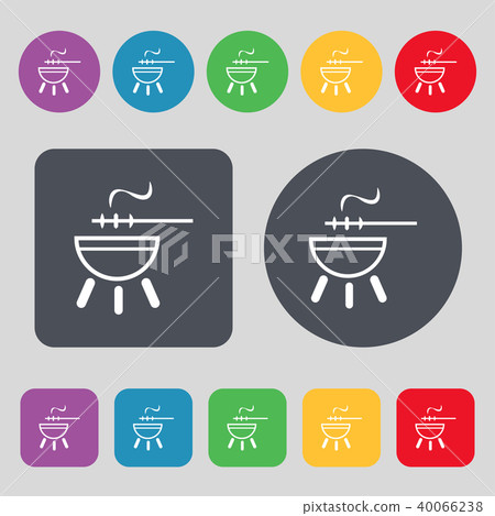 barbecue icon sign. A set of 12 colored buttons. F barbecue icon sign. A set of 12 colored buttons. F 40066238