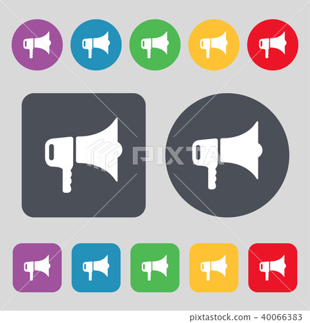 megaphone icon sign. A set of 12 colored buttons. 40066383