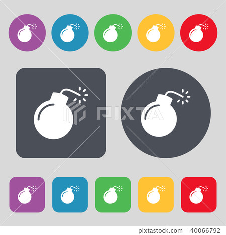 bomb icon sign. A set of 12 colored buttons. Flat 40066792