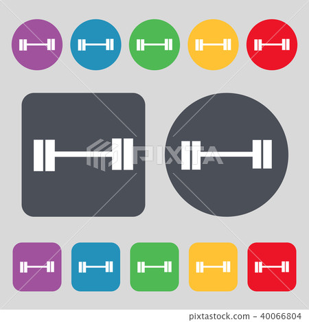 Dumbbell icon sign. A set of 12 colored buttons. F 40066804